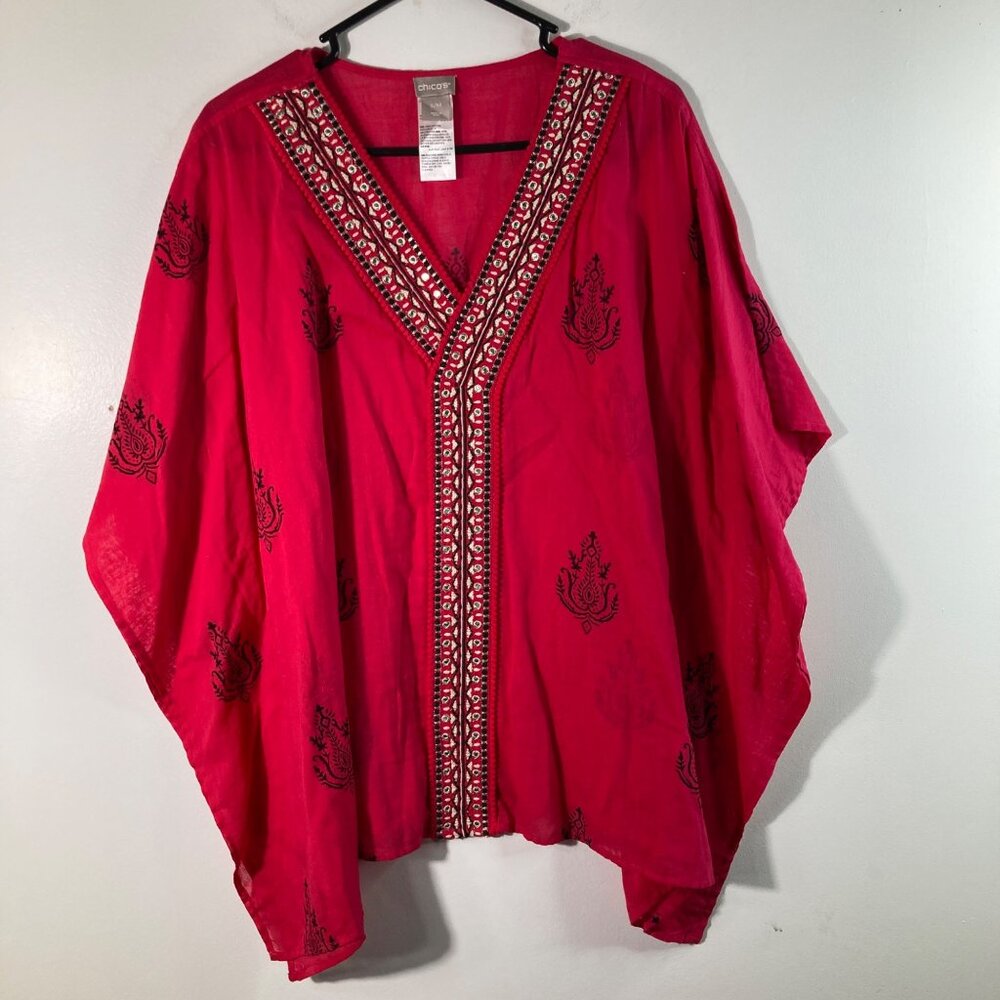 Womens Chicos V Neck Kimono Cover Embroidered Beads S/M Oversized‎ Cotton